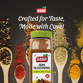 Badia Jerk Seasoning jar label closeup highlighting gluten-free, no MSG features.