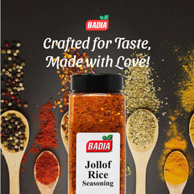 Badia Jollof Rice Seasoning label reveals authentic West African blend for flavorful meals.
