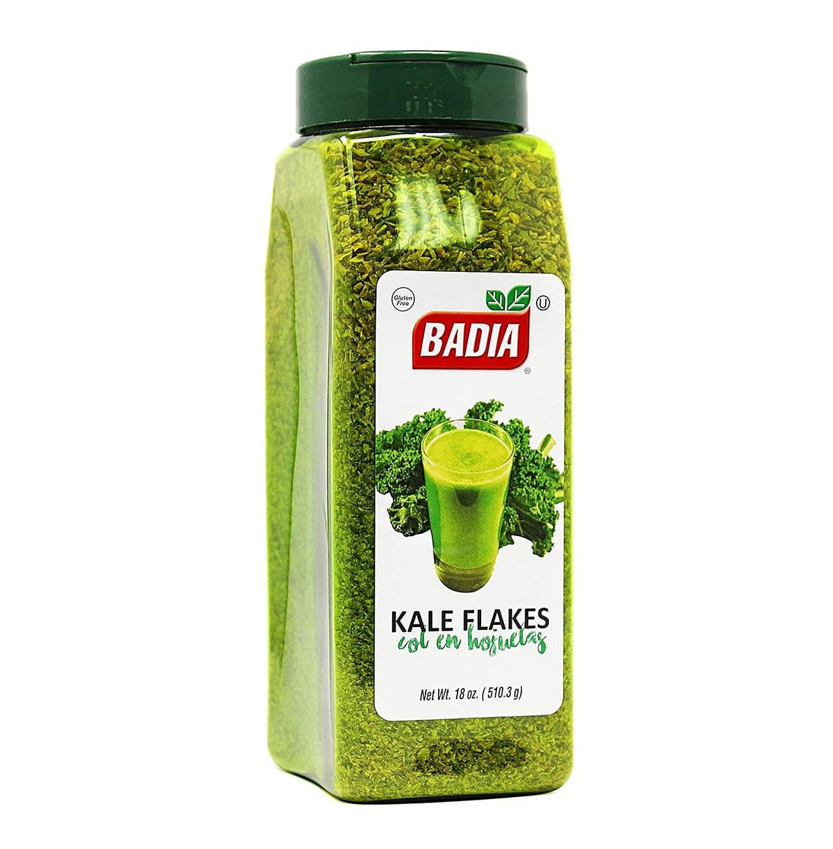 Badia Kale Flakes close-up in 18 oz container for easy pantry use