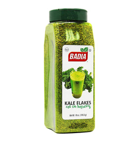 Badia Kale Flakes close-up in 18 oz container for easy pantry use