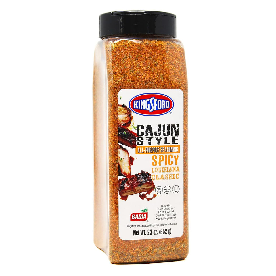 Badia Kingsford Cajun Style seasoning bottle shows bold Cajun flavor for grilling and vegetables