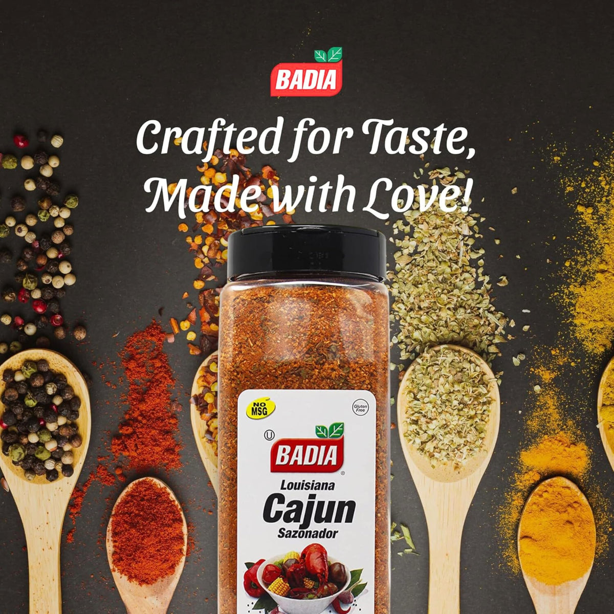 Badia Louisiana Cajun Seasoning label close-up shows rich spice blend for versatile meals.