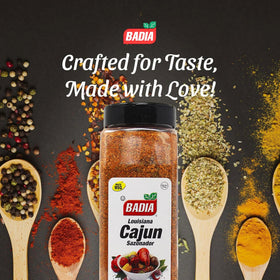 Badia Louisiana Cajun Seasoning label close-up shows rich spice blend for versatile meals.
