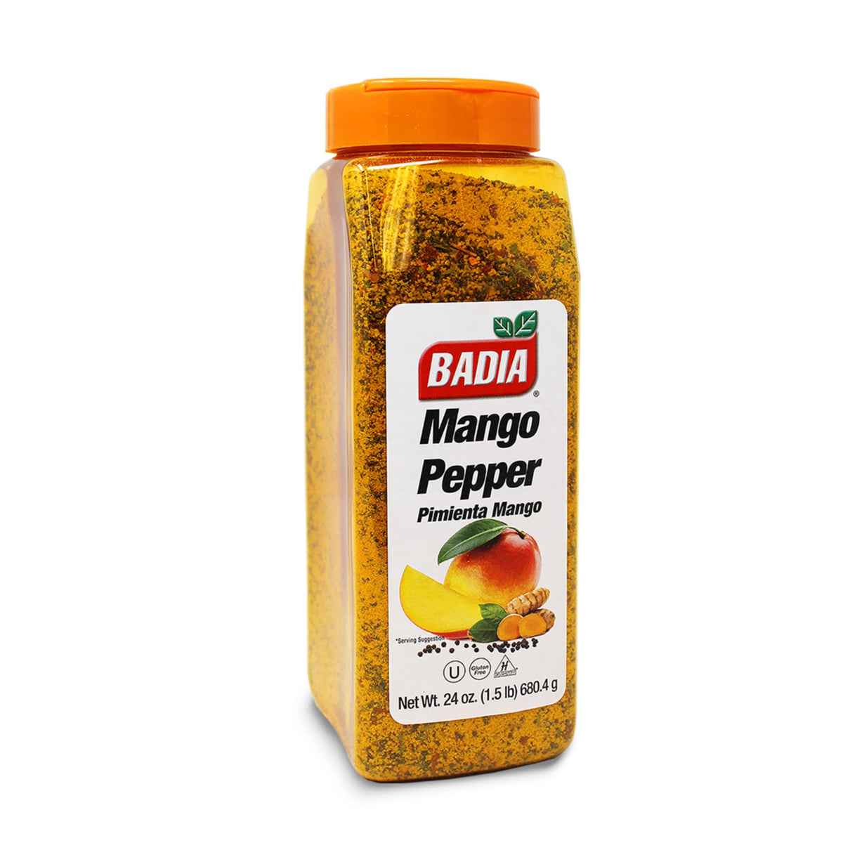 Badia Mango Pepper Seasoning bottle front showing vibrant mango-pepper blend for grilling.