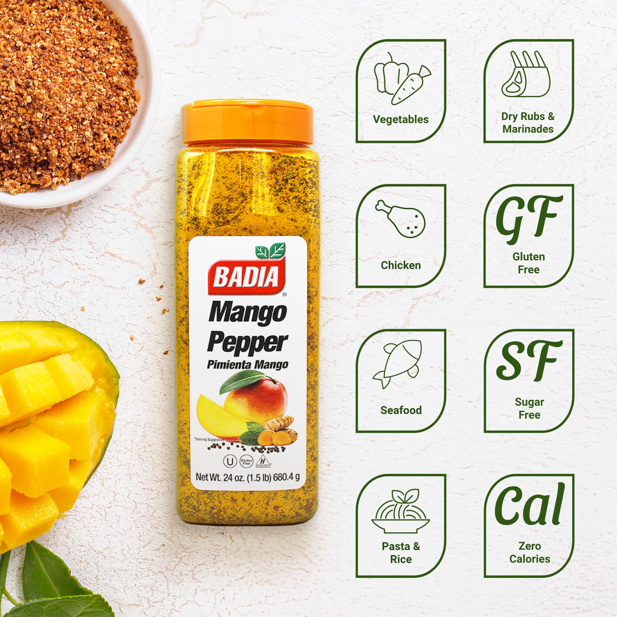 Badia Mango Pepper Seasoning label close-up highlighting sweet mango and pepper heat.