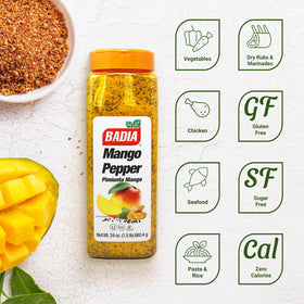 Badia Mango Pepper Seasoning label close-up highlighting sweet mango and pepper heat.