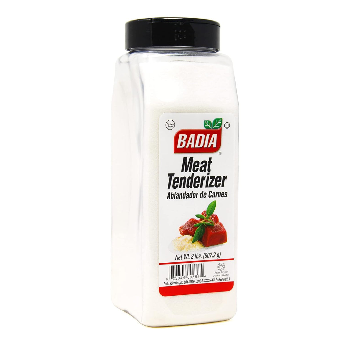 Badia Meat Tenderizer jar label shows a versatile seasoning for tender, flavorful meat.