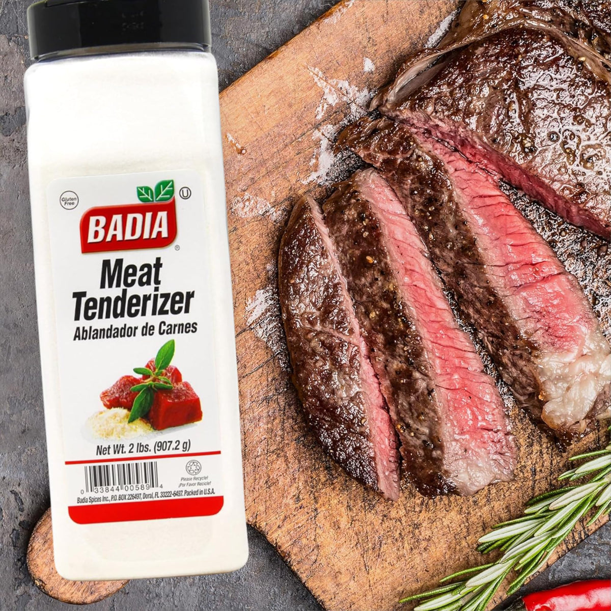 Badia Meat Tenderizer sprinkled on steak for juicier, tastier grilling results.
