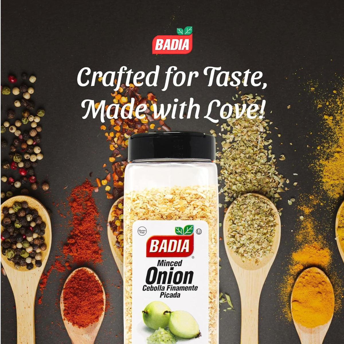 Badia Minced Onion flakes close-up showing natural aroma for cooking.