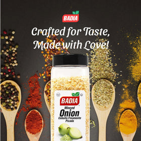 Badia Minced Onion flakes close-up showing natural aroma for cooking.