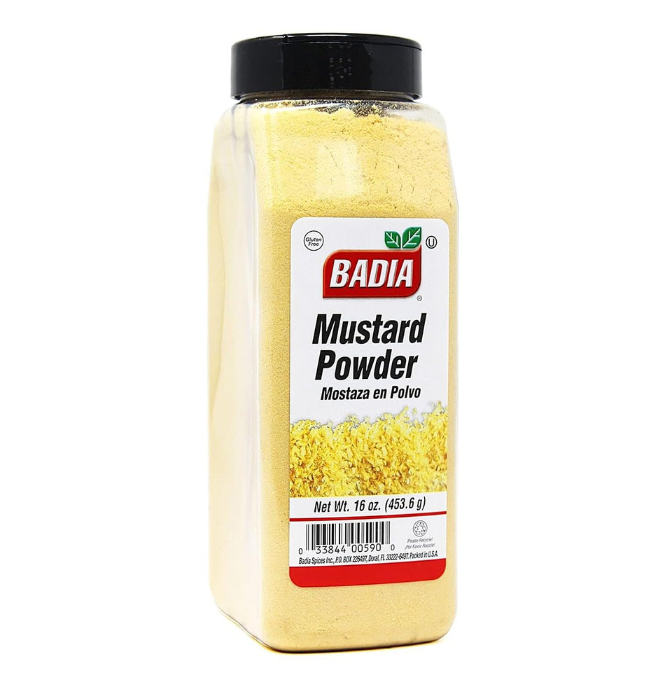 Badia mustard powder jar enhances dressings with bright, tangy flavor