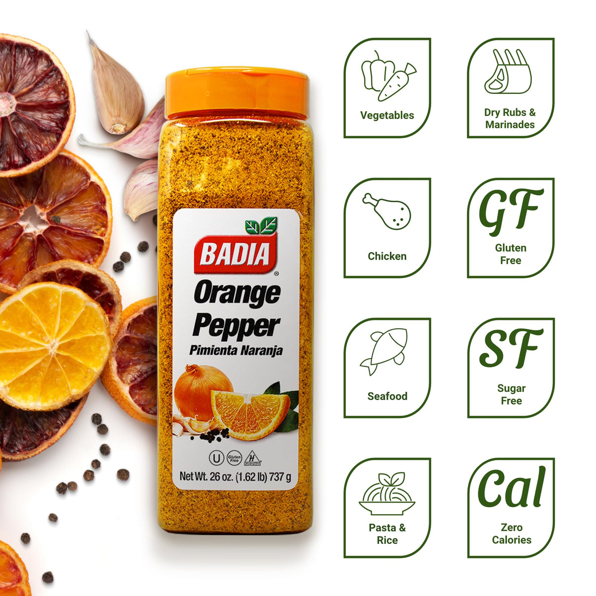 Badia Orange Pepper Seasoning zest-pepper-closeup highlighting citrus aroma.