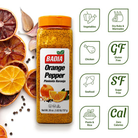 Badia Orange Pepper Seasoning zest-pepper-closeup highlighting citrus aroma.