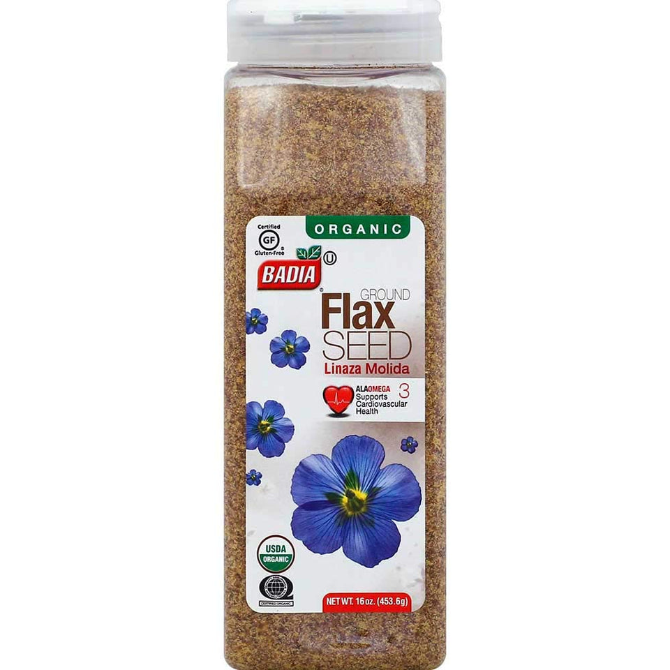 Badia Organic Ground Flax Seed 16 oz pack — great for smoothies and baking.