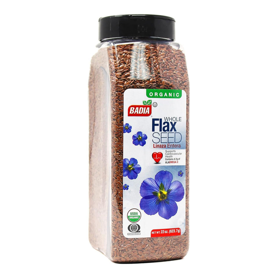 Badia Organic Whole Flax Seed packaging on pantry shelf for everyday cooking.