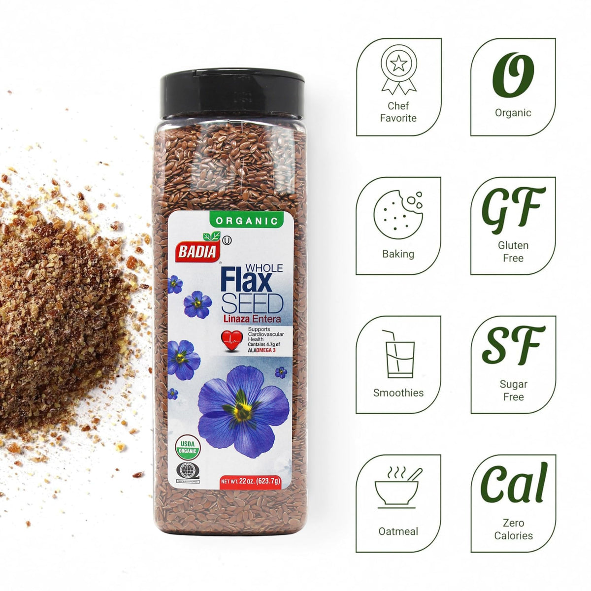 Badia Organic Whole Flax Seed on spoon showing nutty texture for smoothies.