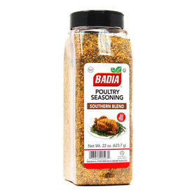 Badia Poultry Seasoning Southern Blend jar enhances poultry flavor with sage and thyme.
