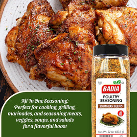Badia Poultry Seasoning Southern Blend on roasting pan for bold, even seasoning.