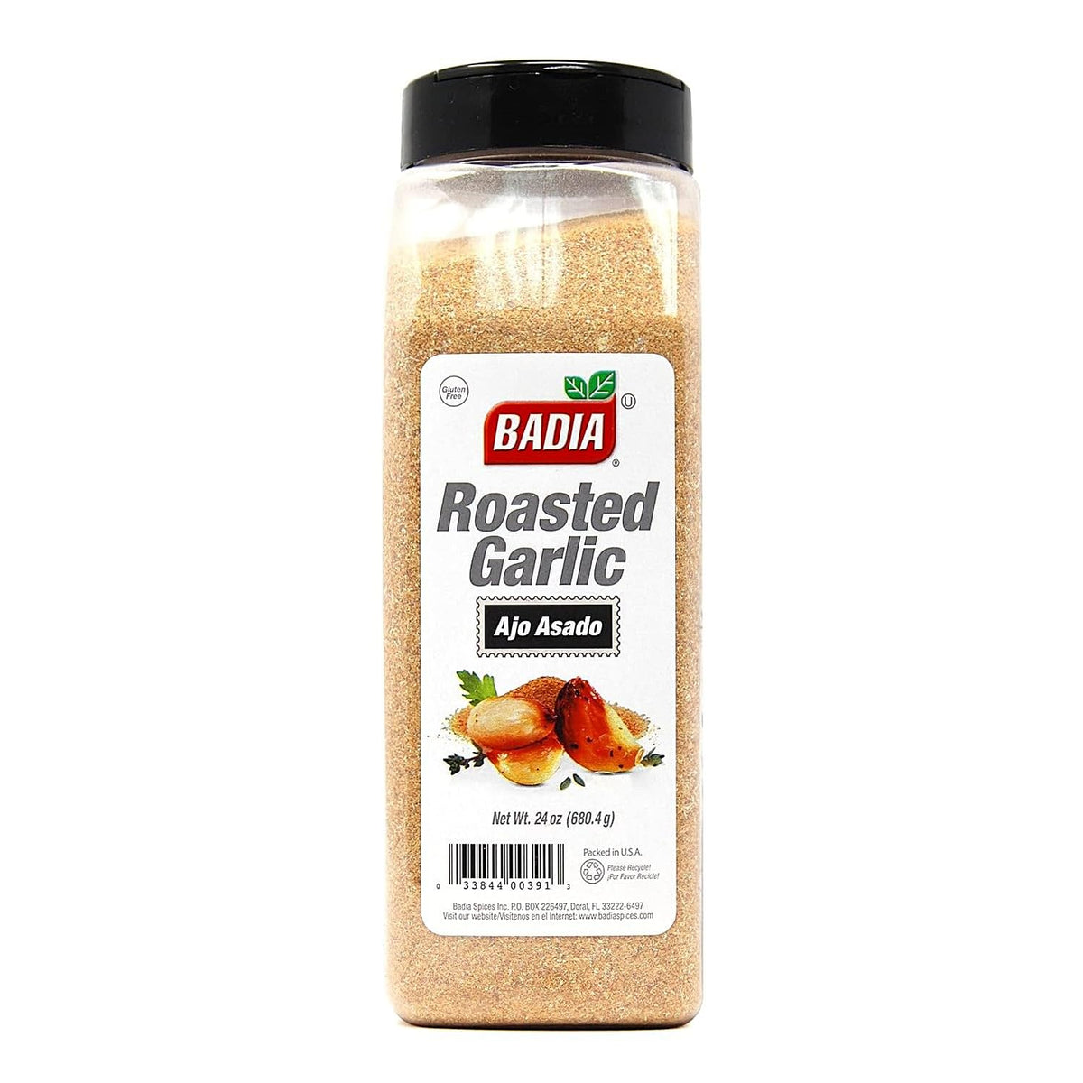 Badia Roasted Garlic Powder container reveals rich caramelized garlic flavor for rubs and marinades.
