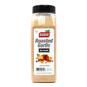 Badia Roasted Garlic Powder container reveals rich caramelized garlic flavor for rubs and marinades.