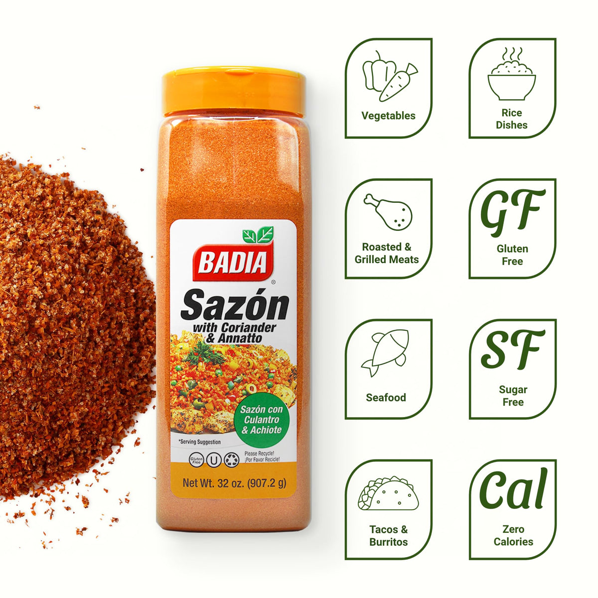 Pouring Badia Sazon to season simmering dishes for depth.