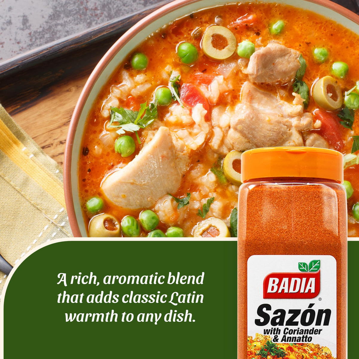 Badia Sazon on a rice dish adds vibrant color and aroma.