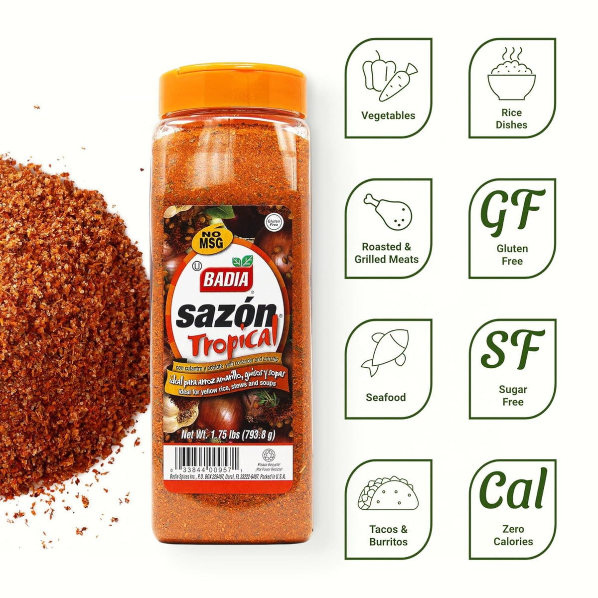 Badia Sazon Tropical annatto powder adds golden color to rice.