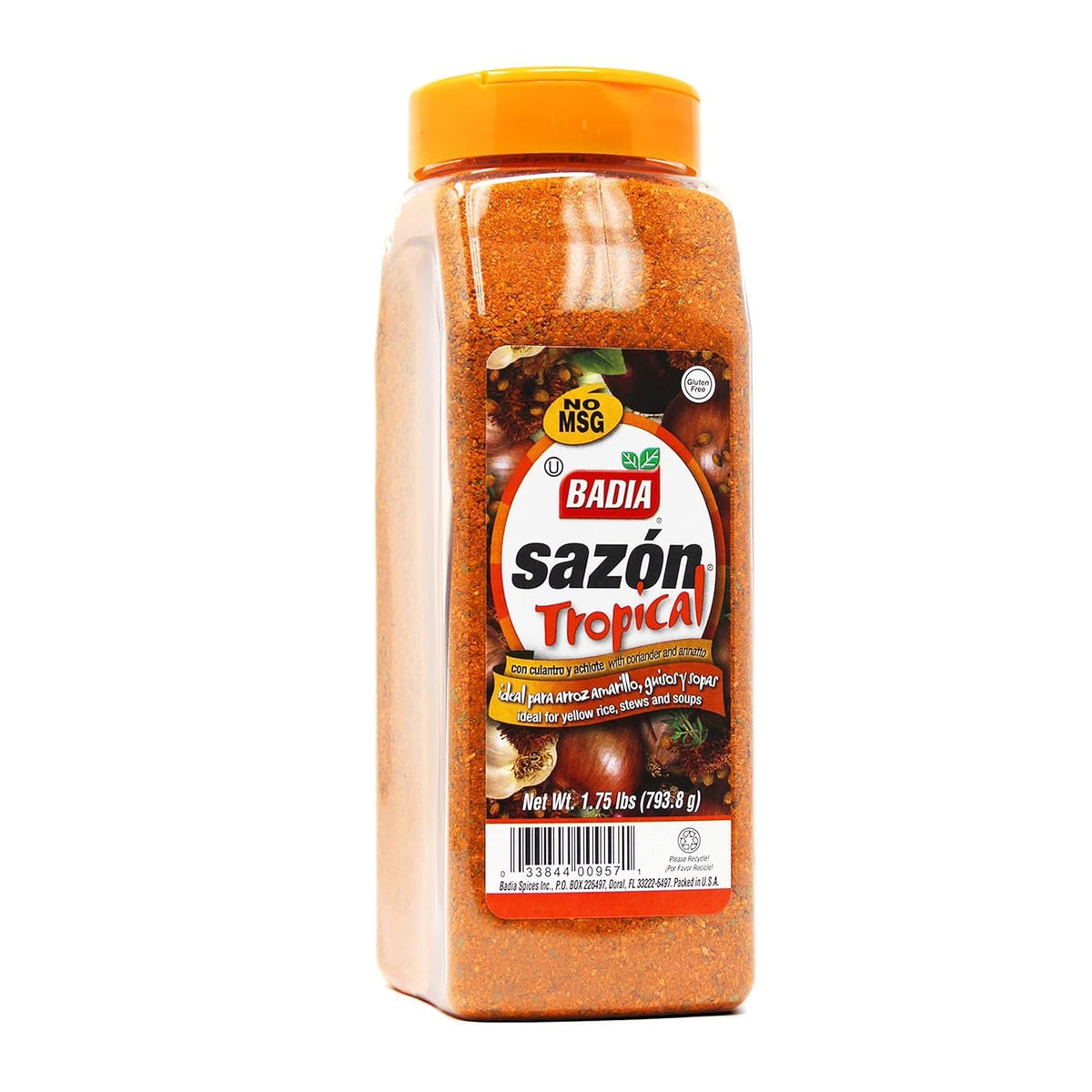 Badia Sazon Tropical bottle showing coriander aroma for flavorful marinades.