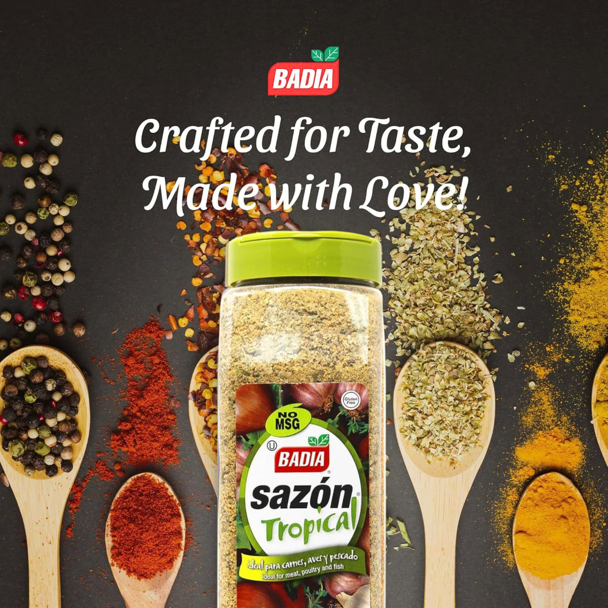 Badia Sazon Tropical on grill-ready meats, enhances flavor.