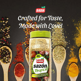 Badia Sazon Tropical on grill-ready meats, enhances flavor.