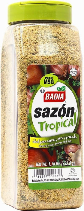 Badia Sazon Tropical jar closeup, vibrant blend ideal for marinades.