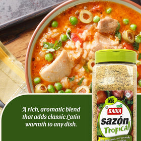 Badia Sazon Tropical on poultry for bold, savory finish.