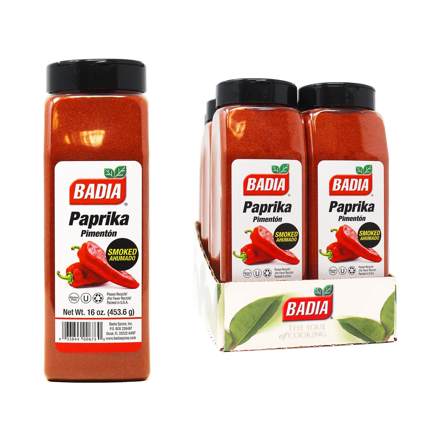 Badia smoked paprika bottle adds smoky flavor and vibrant color to meats and stews.