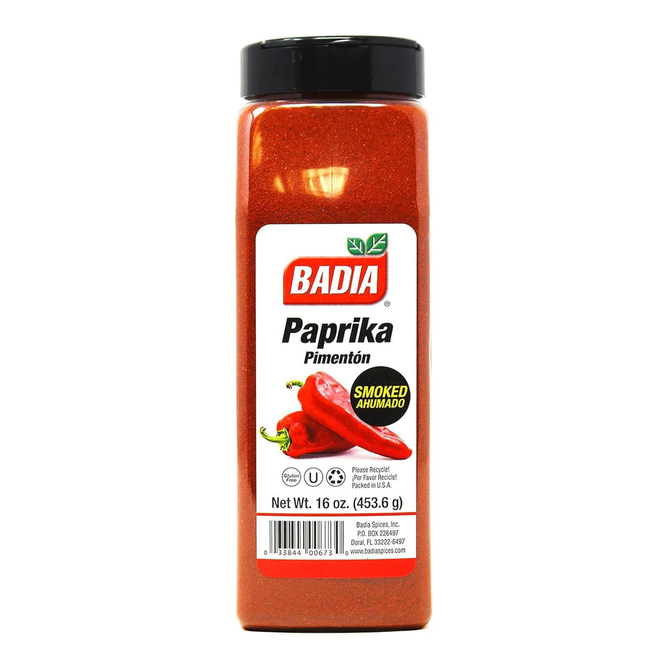 Badia smoked paprika powder adds rich color and smoky flavor to meats and vegetables.