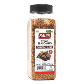 Badia Steak Seasoning Canadian Blend bottle pour enhances grilling flavor.