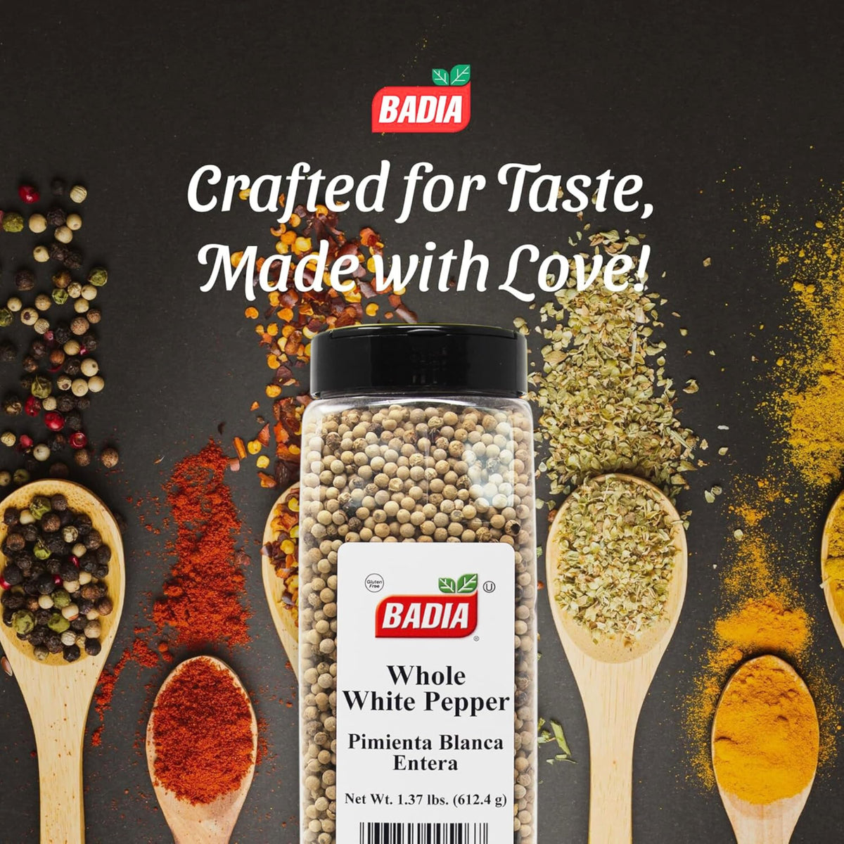 Badia White Pepper Whole closeup shows pale peppercorns and aroma for refined sauces.