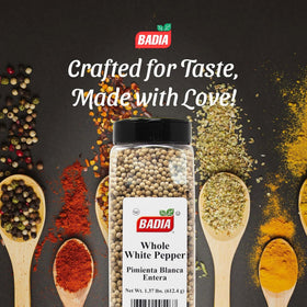 Badia White Pepper Whole closeup shows pale peppercorns and aroma for refined sauces.