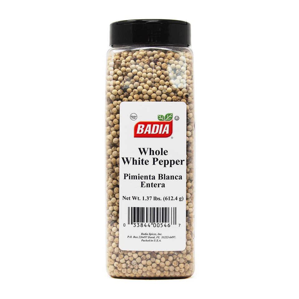 Badia White Pepper Whole jar top view, a resealable container for easy seasoning.