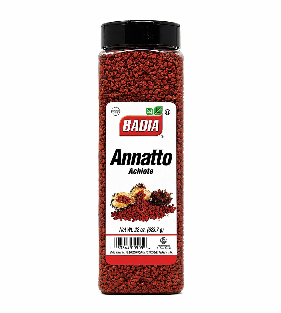 Badia whole annatto seeds jar enhances color and warm flavor in rice and stews.