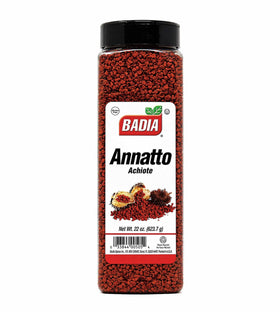 Badia whole annatto seeds jar enhances color and warm flavor in rice and stews.
