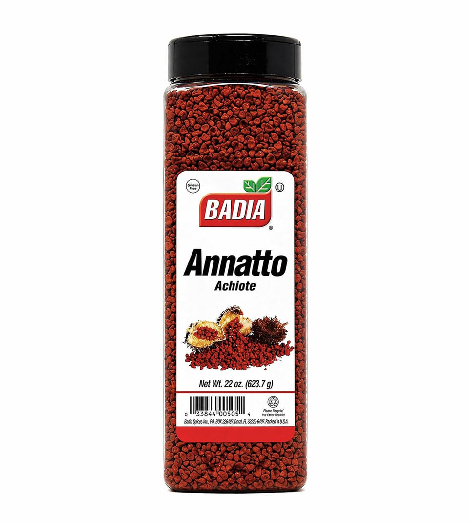 Badia whole annatto seeds jar enhances color and warm flavor in rice and stews.