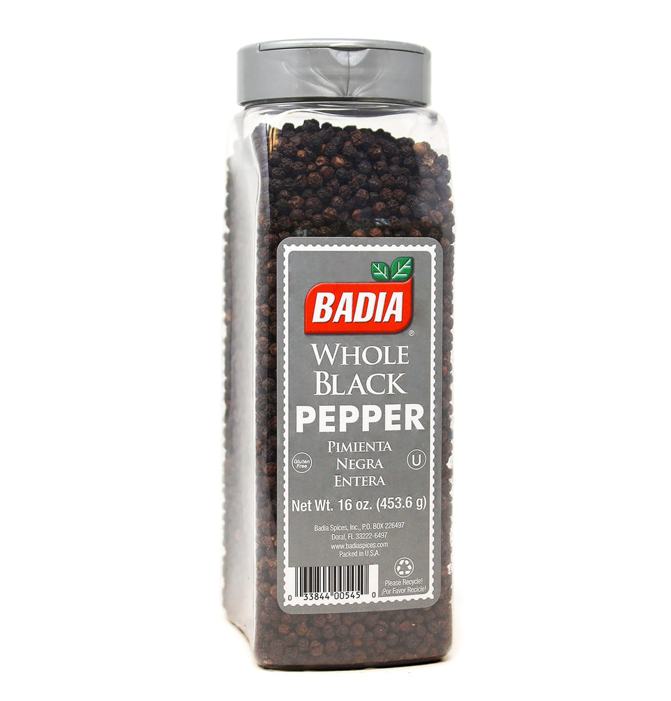 Badia whole black peppercorns bottle closeup showcases premium aroma for fresh grinding