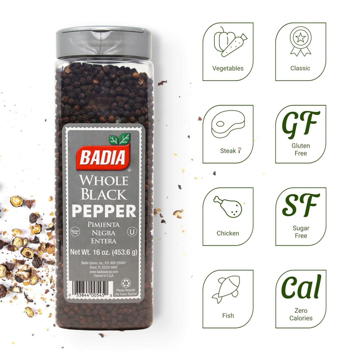 Badia whole black peppercorns grinder ready for at-table seasoning and flavor