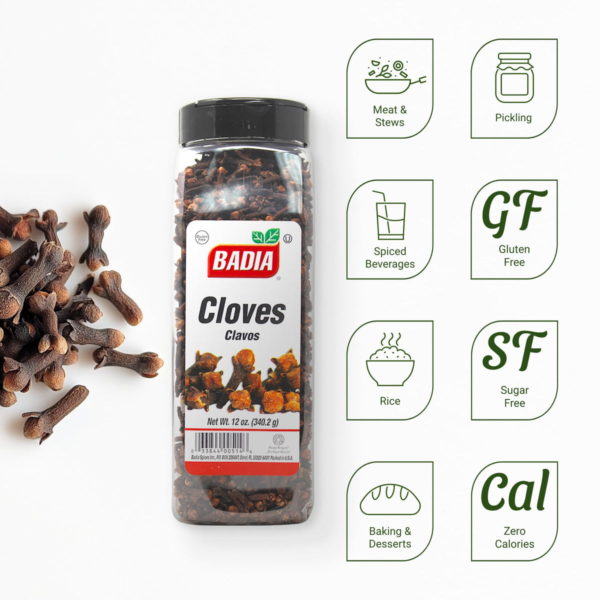 Badia whole cloves close-up; intense fragrance enhances curries and stews.