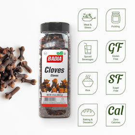 Badia whole cloves close-up; intense fragrance enhances curries and stews.