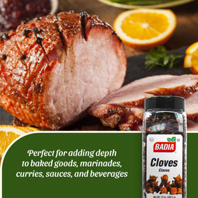 Badia whole cloves in spice jar; ideal for marinades and beverages.