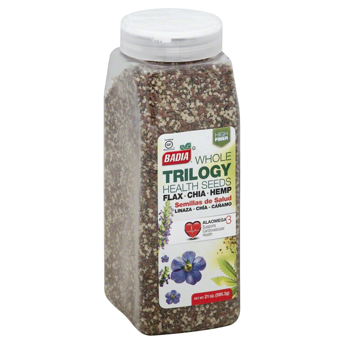 Badia Whole Trilogy Health Seeds close-up highlighting gluten-free, versatile seeds for toppings.