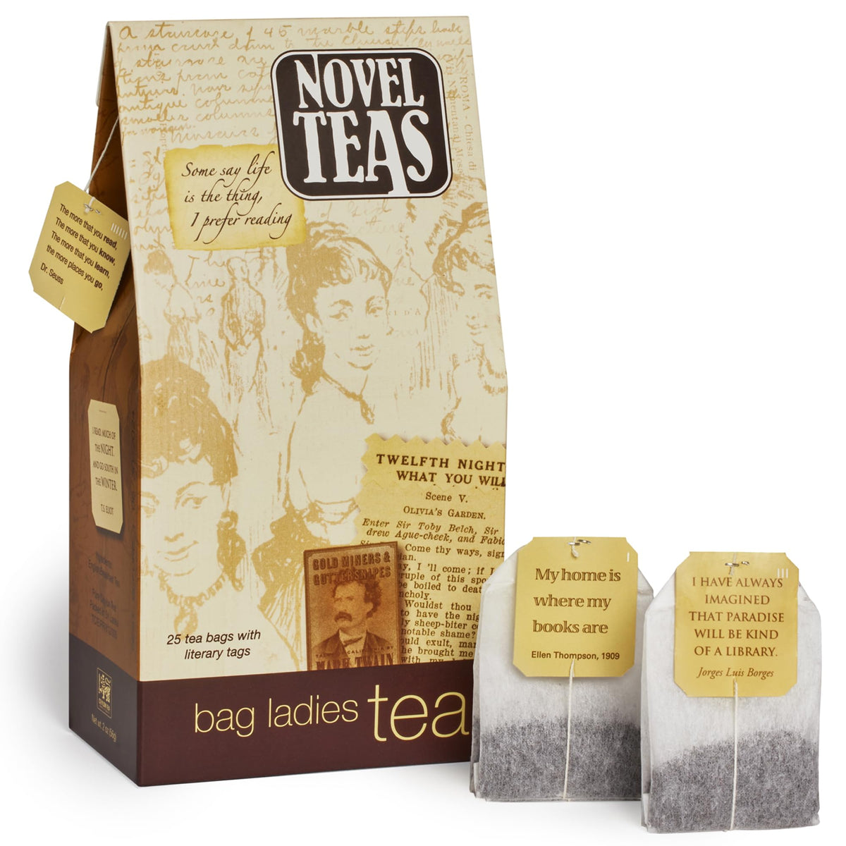 Bag Ladies Tea Novel Teas teabags featuring literary quotes for cozy reading sessions.