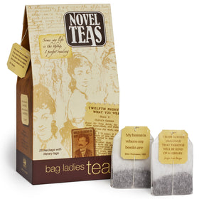 Bag Ladies Tea Novel Teas teabags featuring literary quotes for cozy reading sessions.