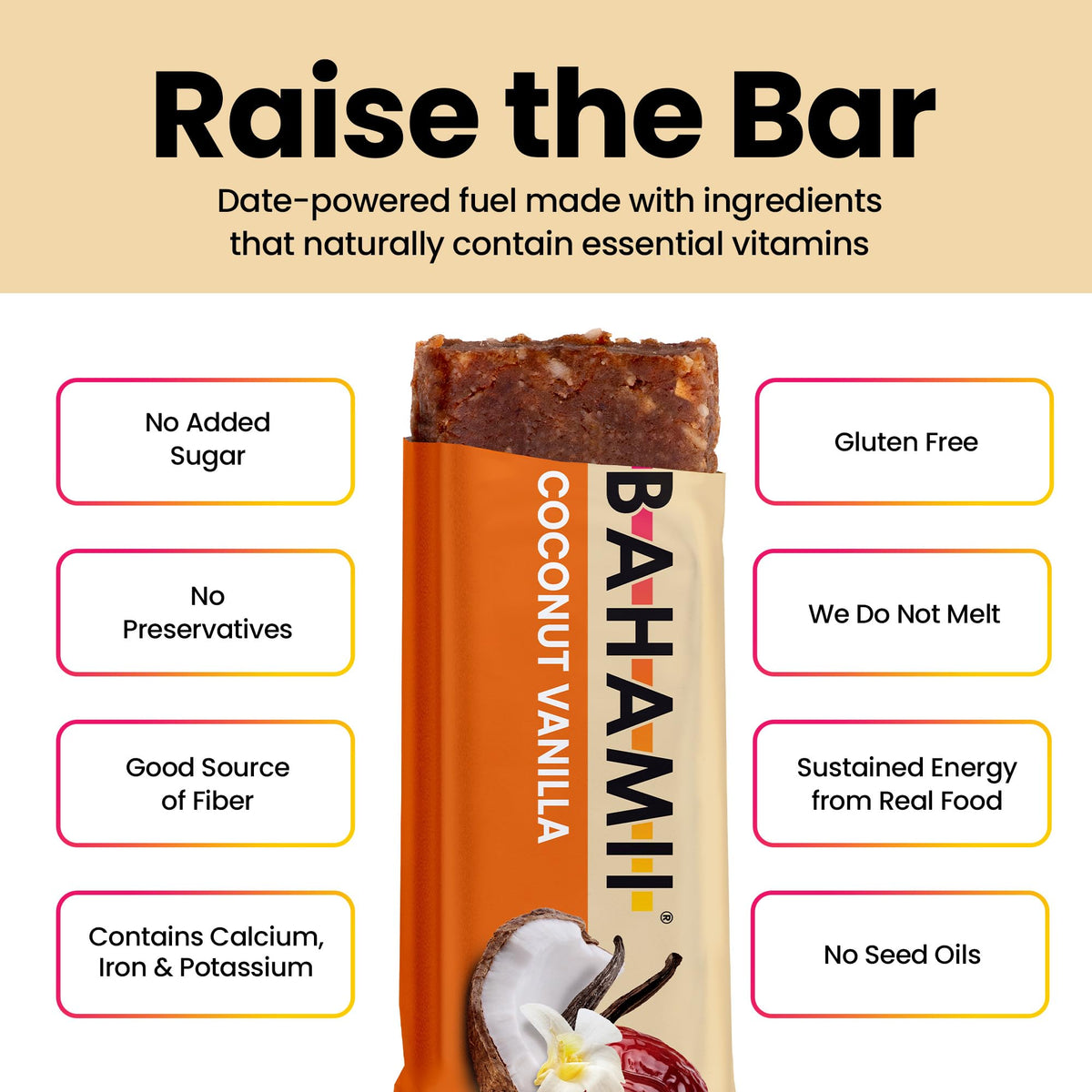 Bahamii clean-label certifications badge emphasizes non-GMO, gluten-free, vegan traits.